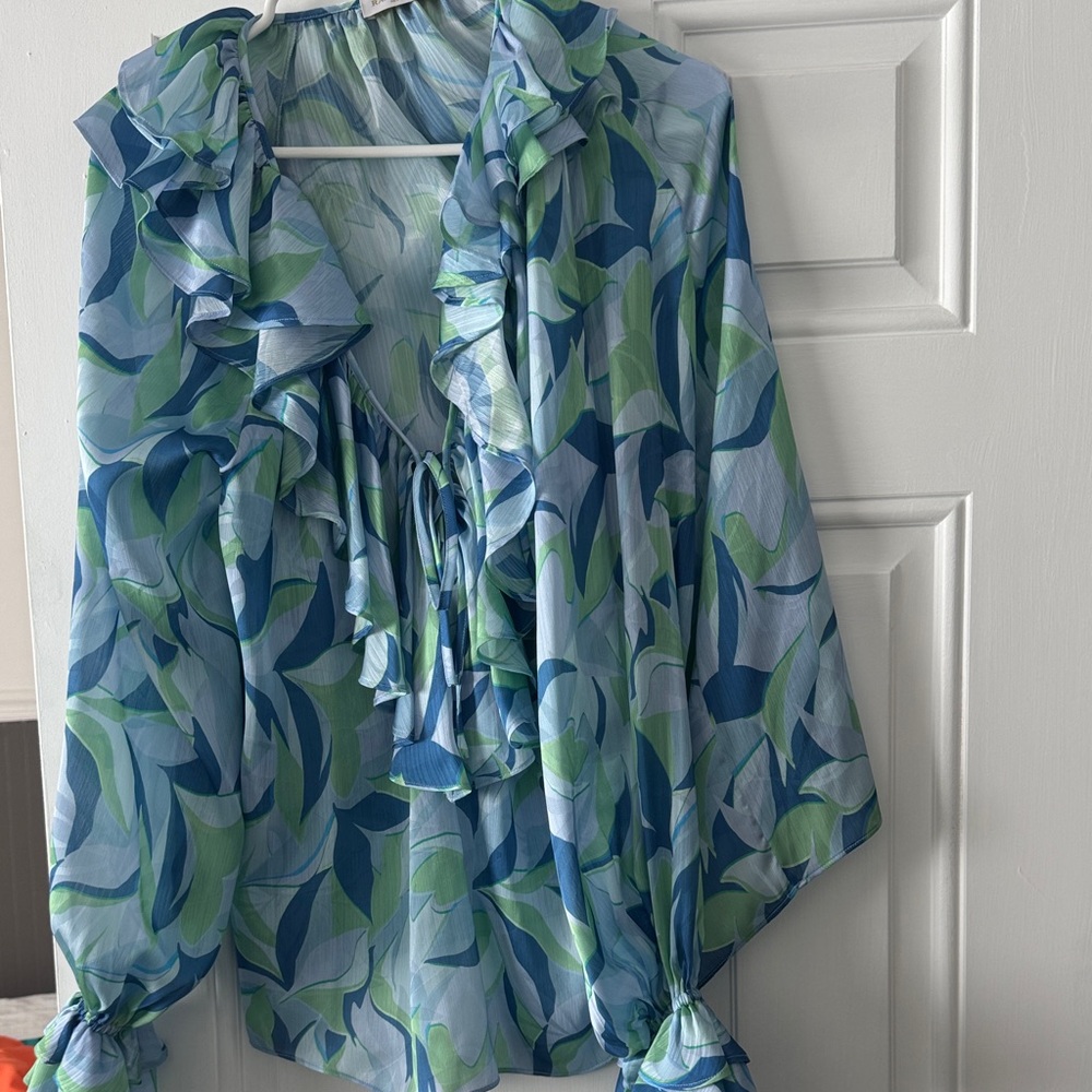 Ramy Brook Leafy Ruffle Blouse - Blue and Green